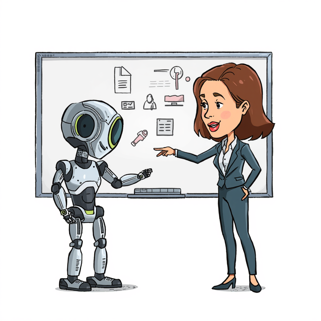 Cartoon illustration of a product manager teaching an AI robot beside a product whiteboard