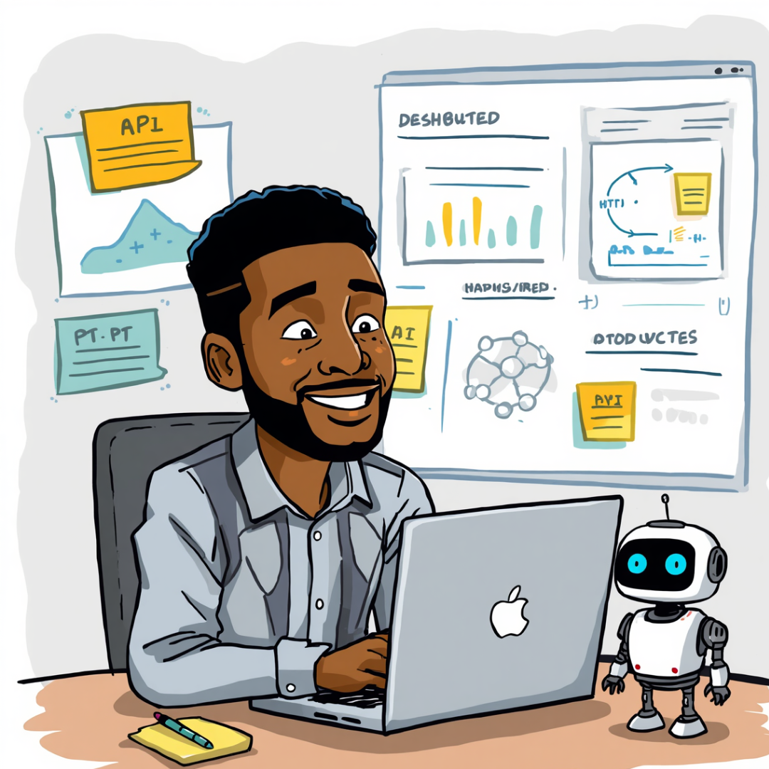 Cartoon illustration of an AI product manager working at a laptop with product diagrams