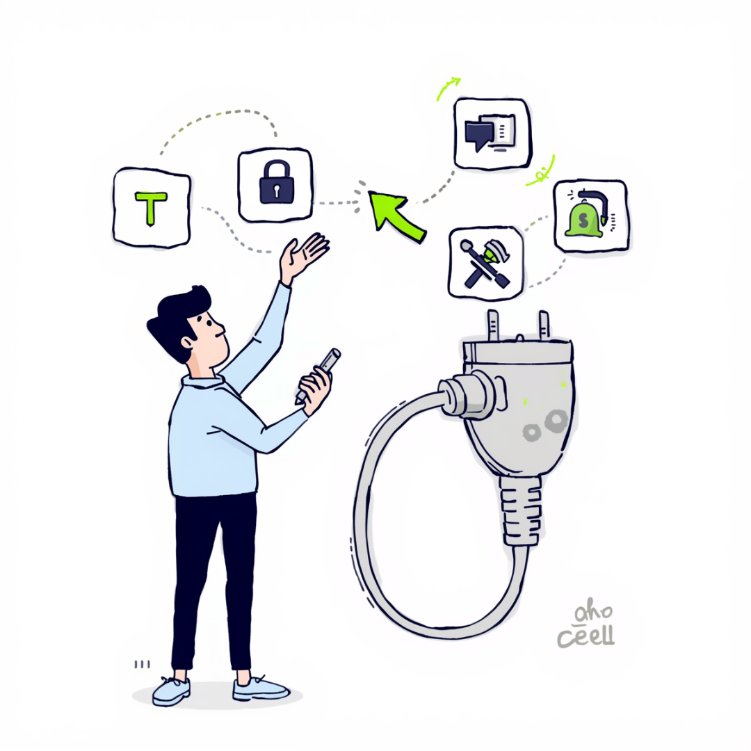 Cartoon illustration of a product manager connecting API concepts and security icons
