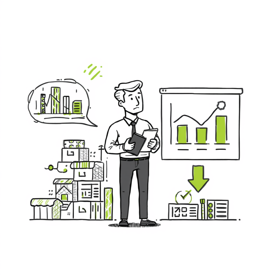 Cartoon illustration of a product manager reviewing metrics and product outcomes