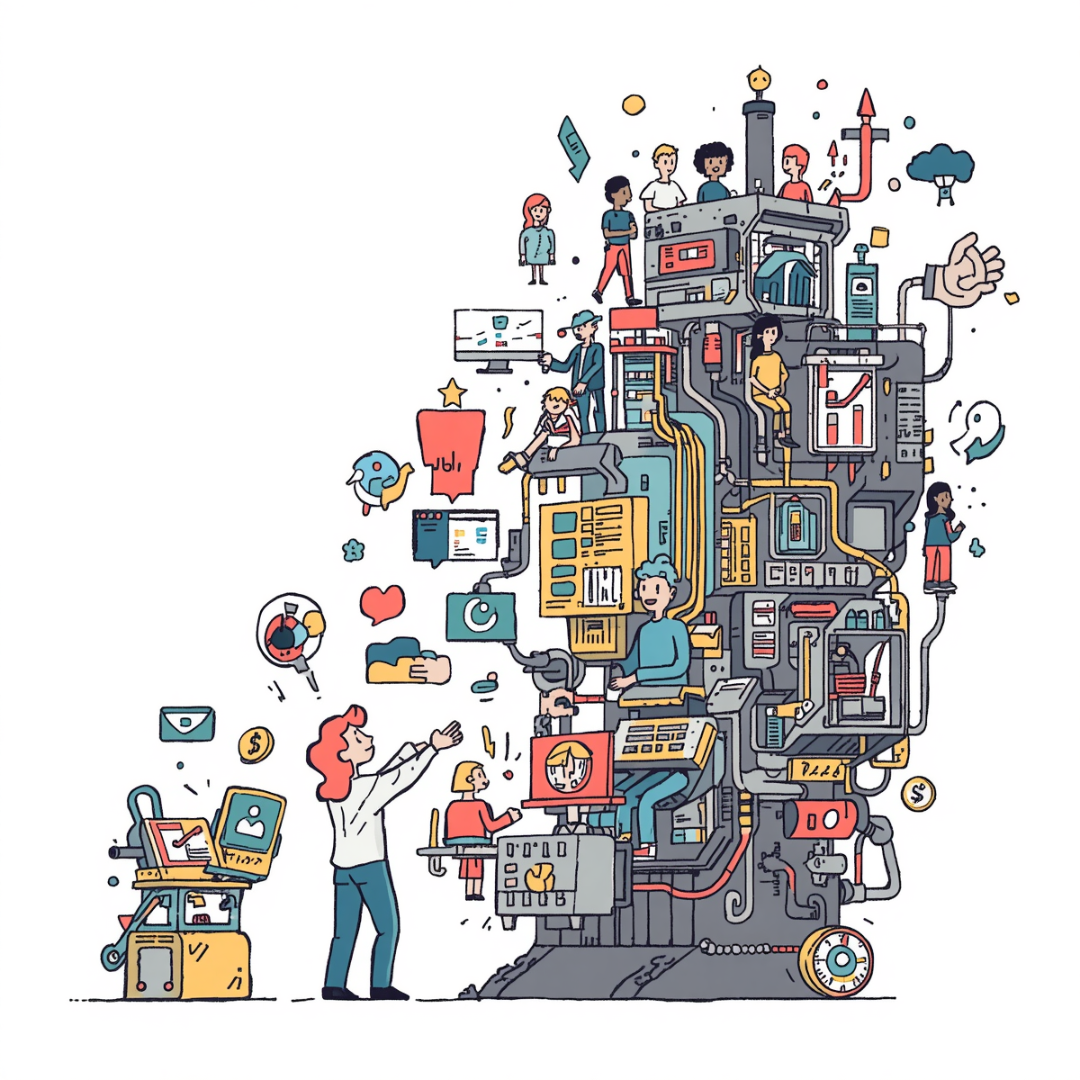 Cartoon illustration of a complex product system with people, tools, and workflows