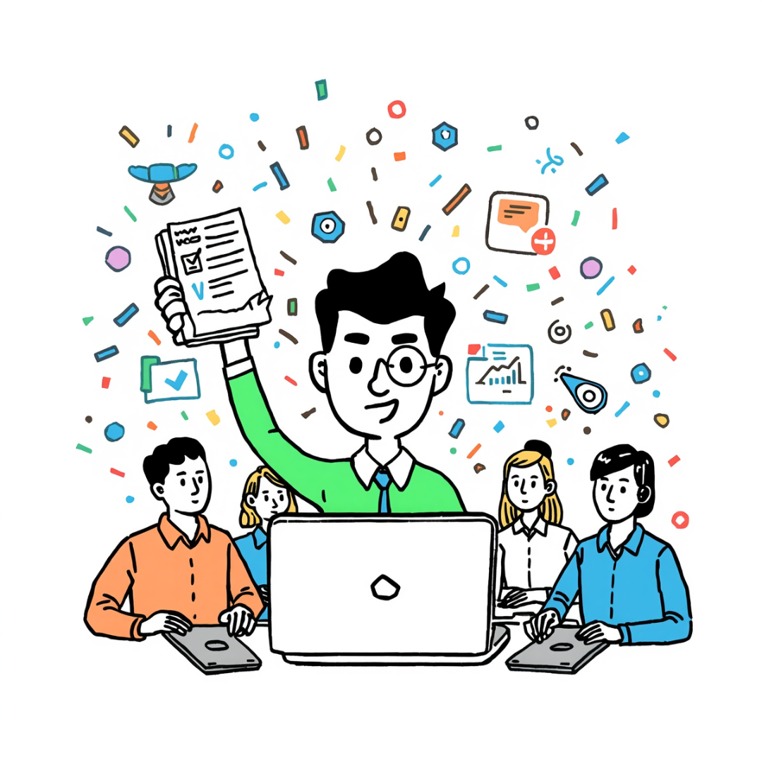 Cartoon illustration of a product manager presenting a capstone with a team